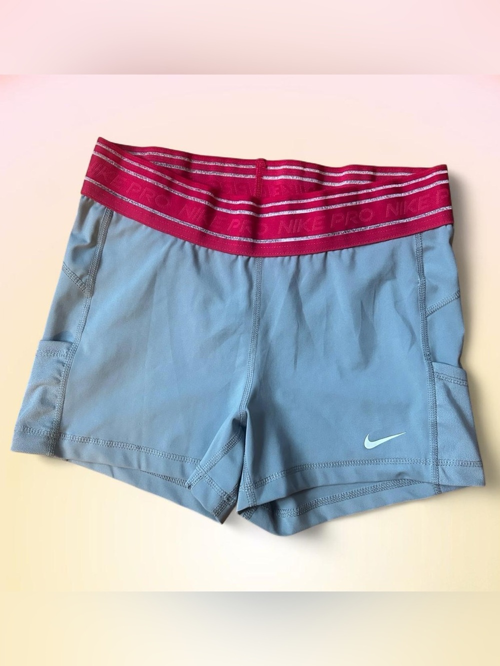 Women's Gray Nike Pro Spandex Athletic Shorts with Pink Elastic Waistband
